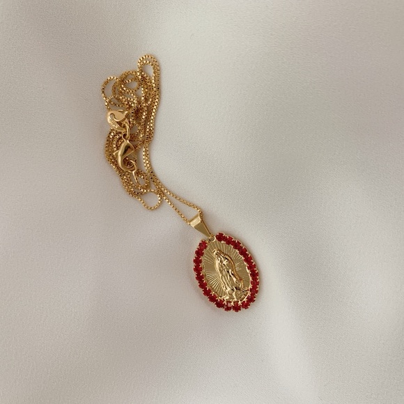 Virgin Mary Ruby Necklace | 18k Gold Filled - Picture 5 of 8